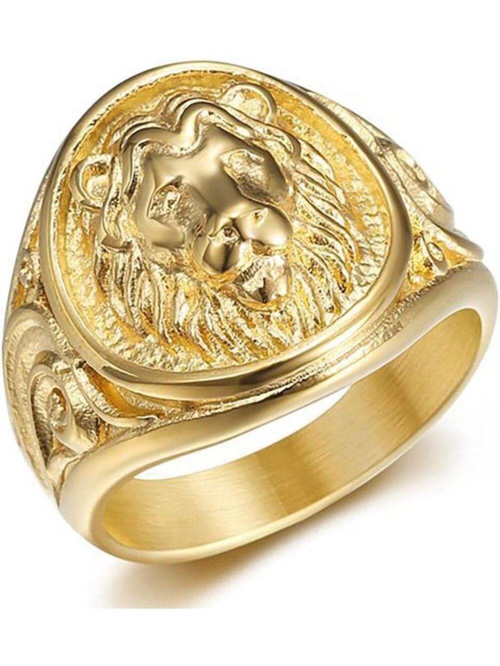 Gold Toned Stainless Steel Lion Head Ring | Unisex Vintage Statement Jewelry